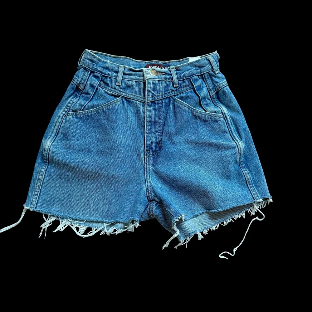 80's Jordache Womens High Waisted Denim Cutoff Shorts Blue Pleated Front Sz 25